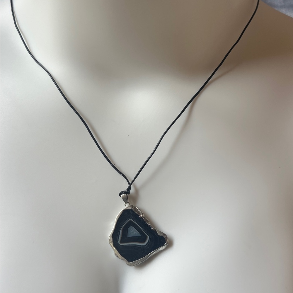 agate Pendant Necklace black sliced and wrapped agate one of a kind